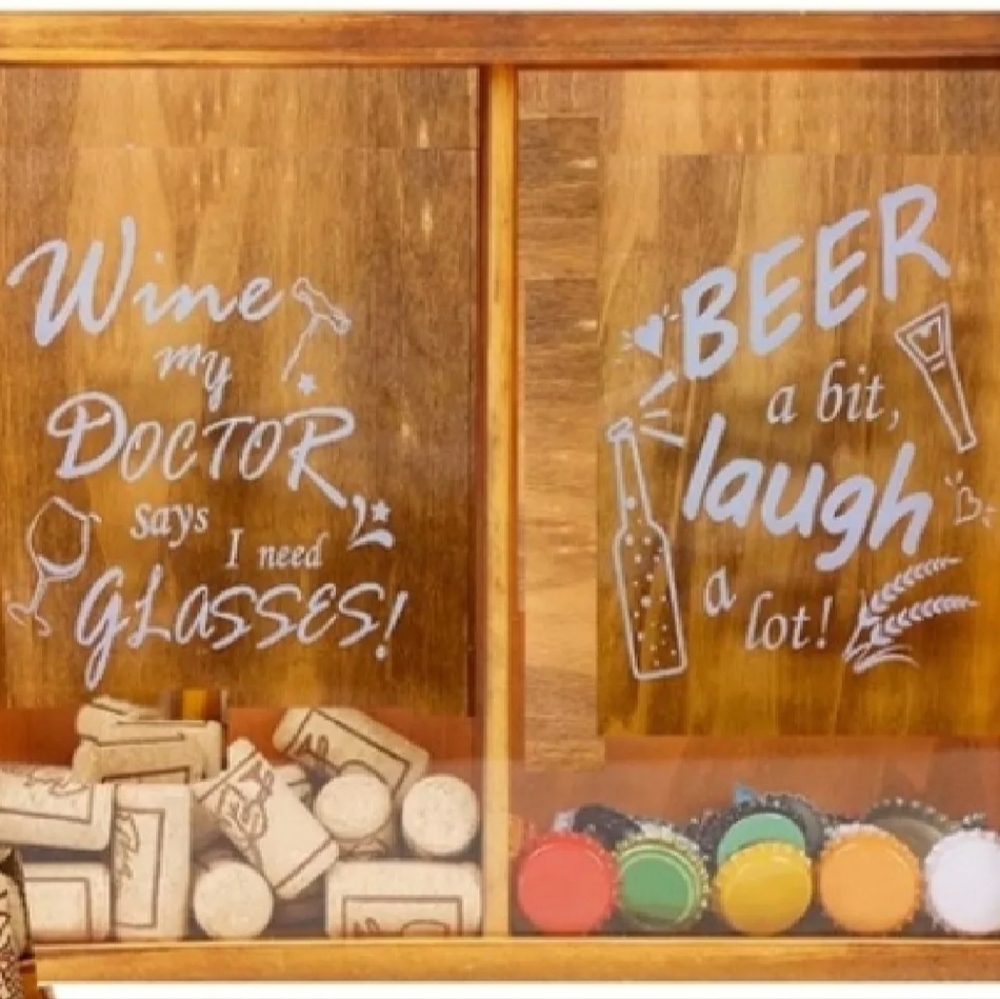 Wooden Cork & Cap Display Case New "Beer A Bit Laugh A Lot", "Wine Need Glasses"